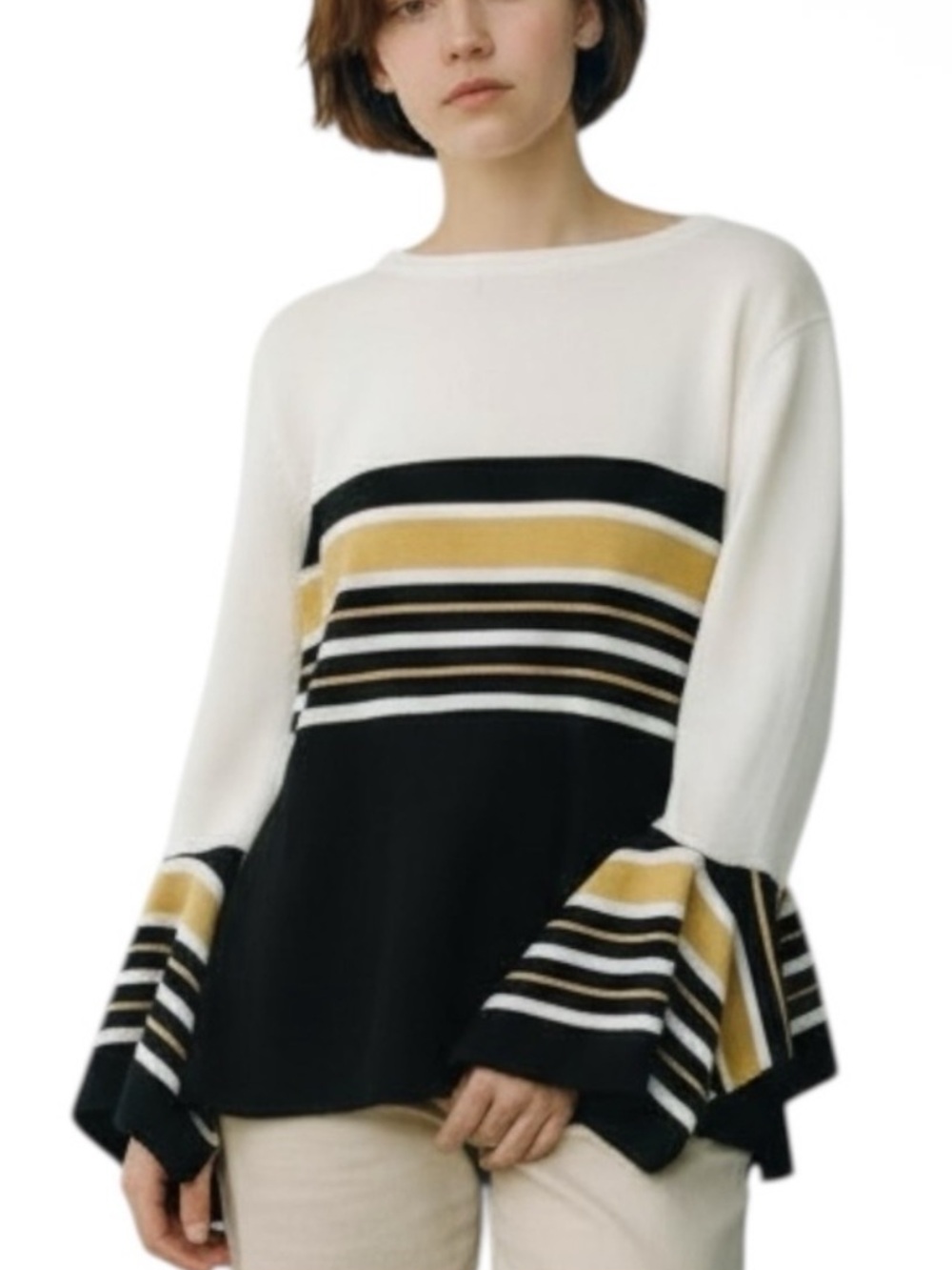 MELISSA PAIGE Striped Bell Sleeve Sweater White, Yellow and Blk PETITE Size PM - Picture 10 of 11